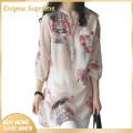 Enigma- Women Shirt Stylish Floral Print Stand Collar Blouse for Women Perfect for Summer Trendy Streetwear Top with Patch Pocket Buttons 3/4 Sleeve Mid-length Design Three-quarter Sleeve Top. 