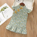 [lrih Store]1-4-7 Years Old Baby Girls Flying Sleeve Chinese Style Cotton Fishtail Cheongsam Chinese Buckle Broken Flower Dress Cute. 