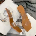 【BestGO】 Women Slipper Summer Crystal Heel Beach Slippers Transparent Square Toe Shoes. 