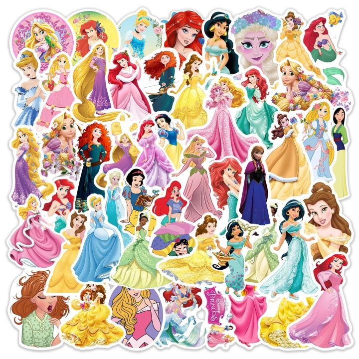 50Pcs Cute Disney Princess Stickers Girl Decals Gift DIY Wall Laptop Car Bike Notebook Decoration Cartoon Sticker Kid Toys