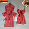 SYQ Solid Color Wavy Lace Sling Silk Nightgown Thin Fairy Two-Piece Nightgown Pad For Women. 