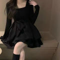 Korean Style Long Sleeve Drees Women Autumn Patchwork Square Collar Black Puffy Dresses Woman Fashion Prom Bow Black Mini Dress. 
