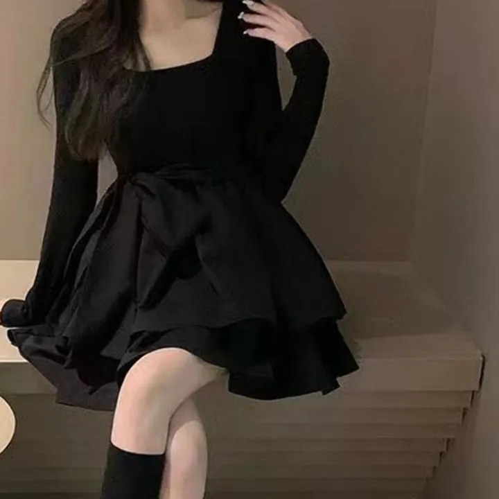 Korean%20Style%20Long%20Sleeve%20Drees%20Women%20Autumn%20Patchwork%20Square%20Collar%20Black%20Puffy%20Dresses%20Woman%20Fashion%20Prom%20Bow%20Black%20Mini%20Dress%20-%20Image%202