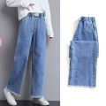 Junior High School Student Wide Leg Jeans for Women Spring and Autumn2023New Girl Loose Waist Trimming Older Children Straight-Leg Pants. 