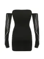 Women´s Bodycon Mini Dress, Gothic Printed Off Shoulder Long Sleeve Black Club Dress. 