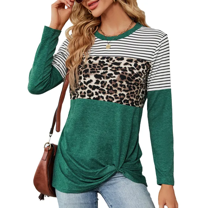 bellylady%20Women%20Casual%20T-Shirt%20Round%20Neck%20Long%20Sleeves%20Tunics%20Twist%20Knot%20Blouse%20Leopard%20Print%20Stripe%20Pullover%20Tops%20-%20Image%202