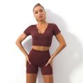 【Brown set XL】 11 Colors Yoga Set Clothes Women Sportwear Short Crop Top High Waist Gym Shorts Sport Outfit For Woman. 