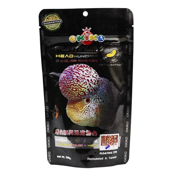 OKIKO Platinum Flower Horn Fish Food|Original Quality Good Hump Shape in Flower Horn| Vibrant Colors &Fast Growth 100g