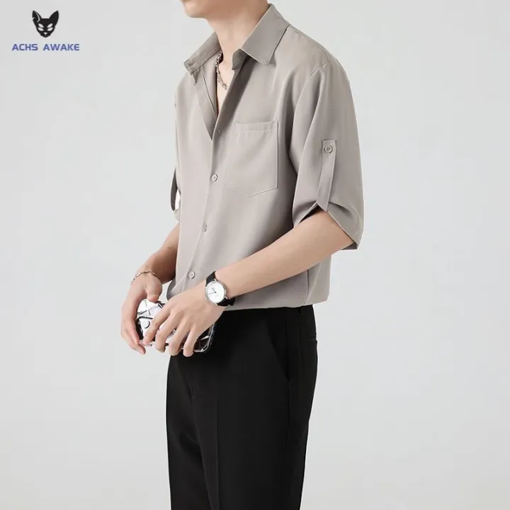 ACHS%20AWAKE%20Short-Sleeved%20Shirt%20Men's%20Spring%20and%20Summer%20Ruoshuai%20High-Grade%20Korean%20Style%20Trendy%20Casual%20Ice%20Silk%203/4%20Sleeve%20Shirt%20-%20Image%204