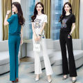Yfashion 2 Pcs Women Outfits Round Collar Short Sleeve T-shirt Flared Pants Fashion Casual Sports Sweater Suit color. 