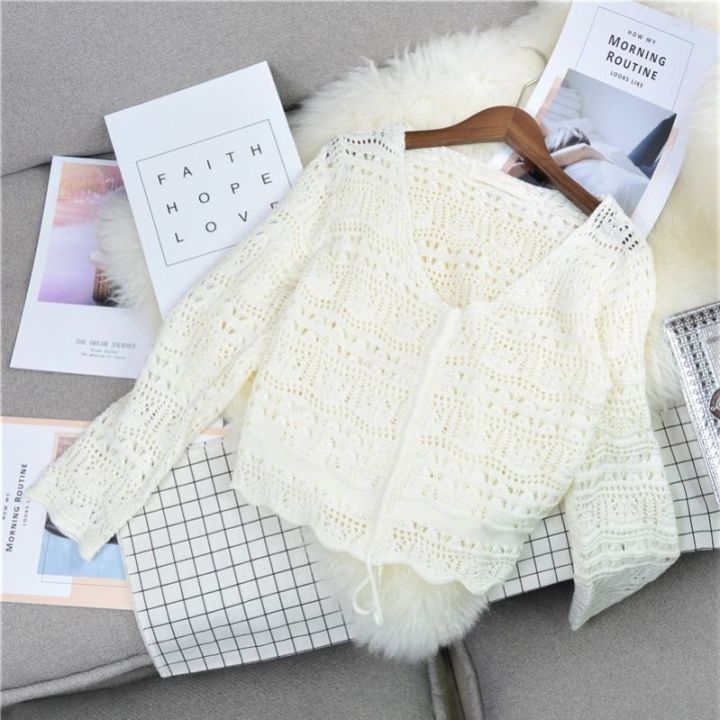 Spring and Summer New Hollow Sweater v Collar Short Loose Women's Long Sleeve Net Hole Top Drawstring Blouse Thin Sweater Women