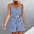 Yfashion Women Stripe Print V Neck Beach Shorts Romper Jumpsuit With Belt Sexy Fashion Suspender Jumpsuit For Beach Party. 