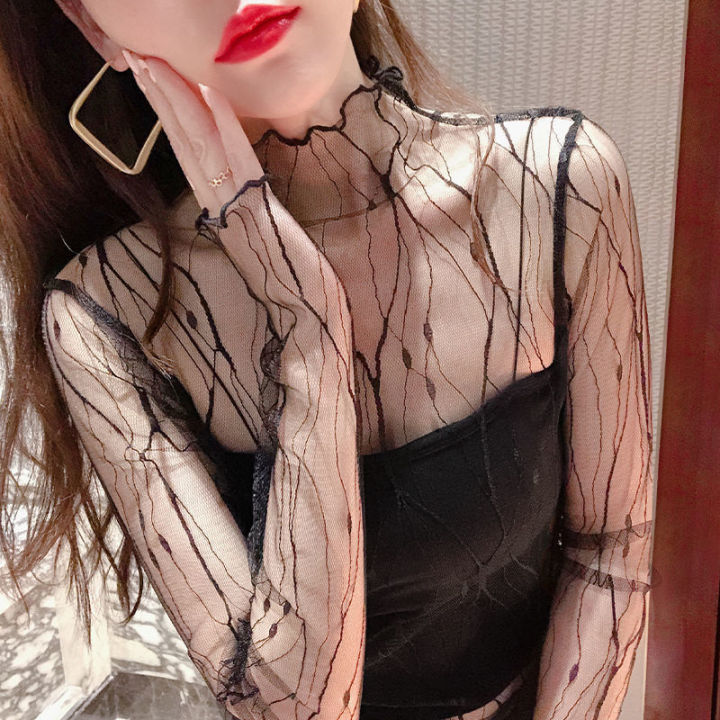 Elegant%20Lace%20T-shirt%20For%20Women%20Mesh%20Long%20Sleeve%20Tops%20Hot%20Transparent%20High%20Neck%20Black%20Lace%20Bottoming%20Shirts%20Punk%20Tee%20Tops%20-%20Image%203