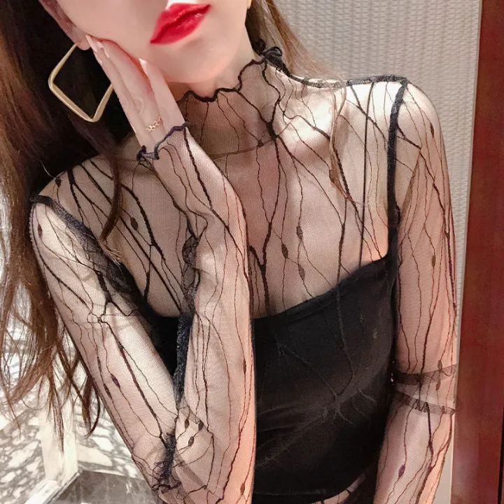 Elegant%20Lace%20T-shirt%20For%20Women%20Mesh%20Long%20Sleeve%20Tops%20Hot%20Transparent%20High%20Neck%20Black%20Lace%20Bottoming%20Shirts%20Punk%20Tee%20Tops%20-%20Image%203