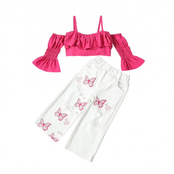 2Pcs%20Kids%20Casual%20Clothing%20Sets%20Outfits%20Off%20Shoulder%20Tops%20Butterfly%20Print%20Pants%20Outfits%20-%20Image%203