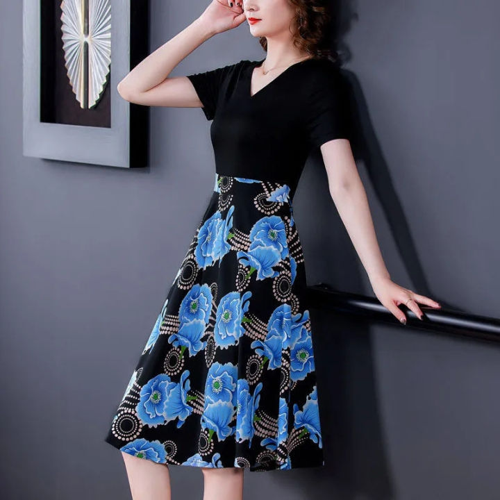 Women%20Cotton%20V%20Neck%20High%20Waist%20Midi%20Skirt%20Sweet%20Floral%20Printing%20Dress%20Summer%20Short%20Sleeves%20Fake%20Two%20Piece%20A-line%20Skirt%20-%20Image%207