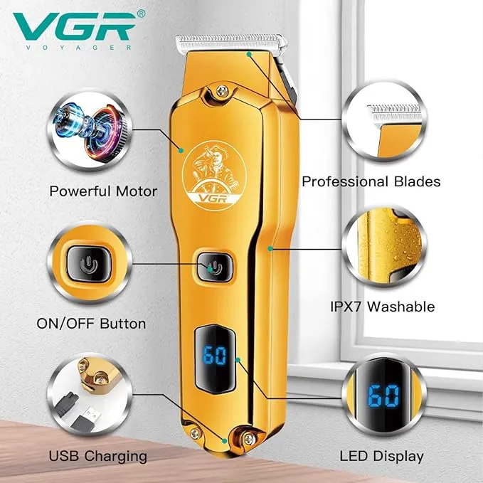 VGR V-927 Professional Cordless Rechargeable Hair Trimmer with USB Charging Cable, LED Display, Precision blade, On/Off Button, 4 Guide Combs for men Runtime: 60 minutes, Gold