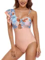 Women One-piece Bikini Swimsuit Floral Print One Shoulder Ruffled Sleeveless Backless Bodysuit Beachwear. 