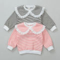 Baby girl lace navy collar long sleeve sweatshirt autumn child fashion striped casual tops Kid Cotton comfor all-match hoodies. 