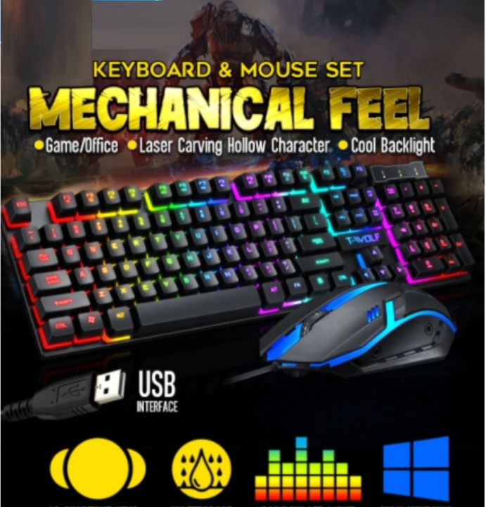 Mechanical USB Wired Rainbow LED Gaming Keyboard and Mouse Combo Bundle