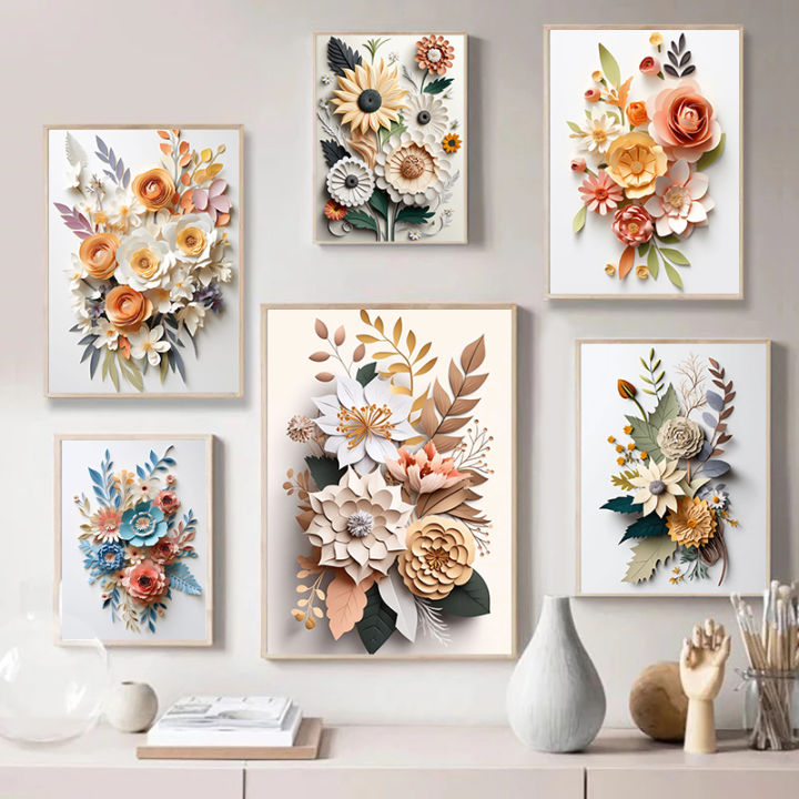Ornament Picture Home Decoration Daisy Rose Lily 3D Paper Cut Art Flower Painting Poster Tulip Sunflower Canvas Painting Wall Art