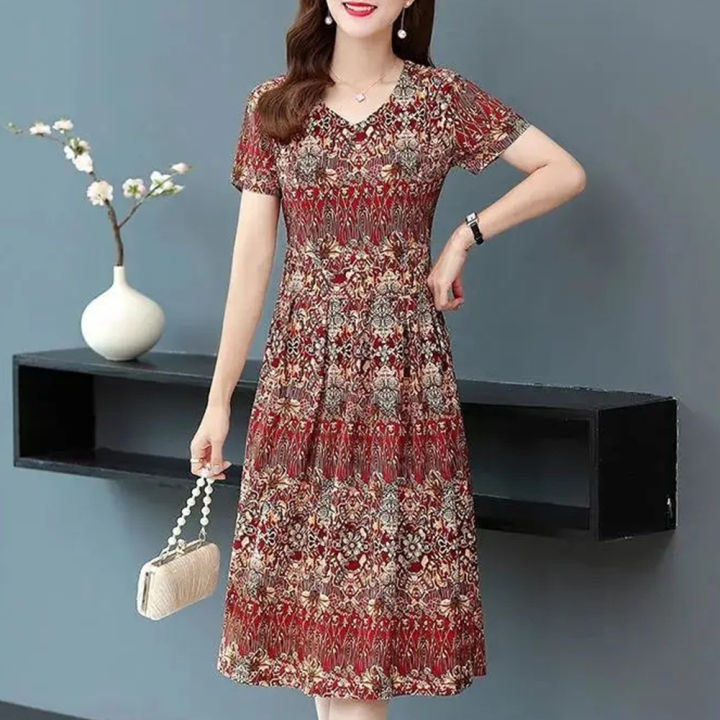 Yfashion%20Women%20Cotton%20V-neck%20Dress%20Summer%20Ice%20Silk%20Short%20Sleeves%20A-line%20Skirt%20Large%20Size%20Loose%20Casual%20Dress%20-%20Image%204