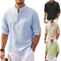 Cotton Linen Men's Long-Sleeved Shirts Spring Autumn Solid Color Stand-Up Collar Casual Beach Style Plus Size S-5XL. 