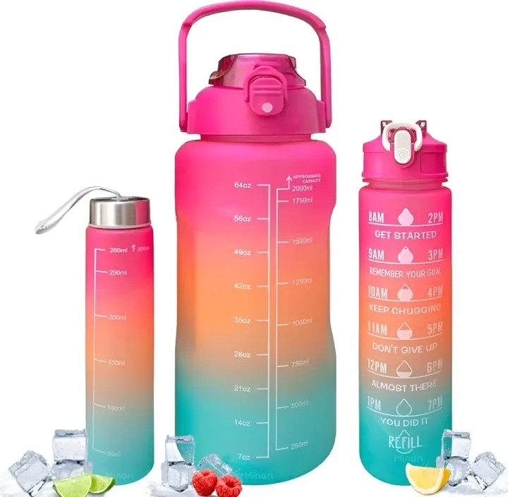 New Best High Quality 3 in 1 Set Water Bottle 2000ml 900ml 300ml Portable Gradient Color Plastic Water Cup Large Capacity Straw Cup Outdoor Travel Gym Fitness Jugs SPI