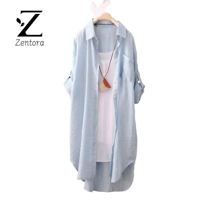 Zentora%20Three-quarter%20Sleeve%20Shirt%20Korean%20Style%20Plaid%20Print%20Long%20Shirt%20for%20Women%20Stylish%20Three%20Quarter%20Sleeve%20Top%20with%20Irregular%20Hem%20Sunscreen%20Protection%20Loose%20Fit%20Single-breasted%20Lapel%20Design%20Trendy%20Fashion%20-%20Image%202