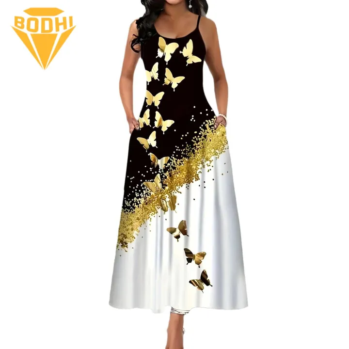 Casual Long Dress Boho Print Maxi Dress with Pockets Sleeveless A-line Summer Dress for Women Round Neck Backless Ankle Length Long Dress