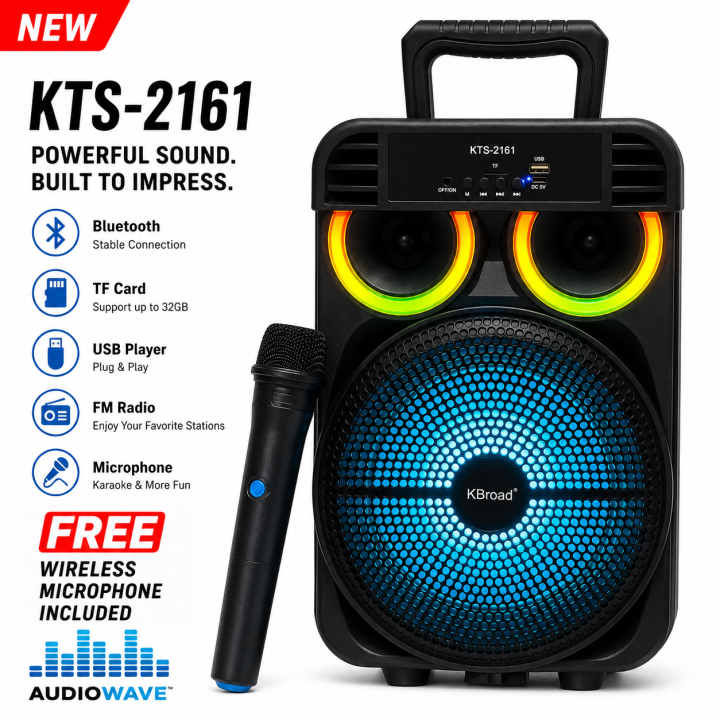 KTS-2161 Wireless Portable Karaoke Speaker With Wireless Microphone Support Bluetooth, FM Radio, TF Memory Card Reader and USB Pen Drive