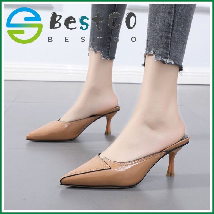 【BestGO】New Fashion 2.36 inches Brown High Heels Mules Sandals Shoes for Women Ladies Stiletto Mid Heeled Sandals Woman Causal Pointed Slipper Shoes Size 34-39