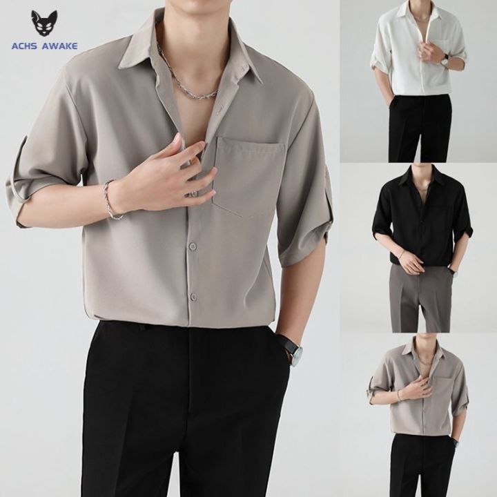 ACHS AWAKE Short-Sleeved Shirt Men's Spring and Summer Ruoshuai High-Grade Korean Style Trendy Casual Ice Silk 3/4 Sleeve Shirt