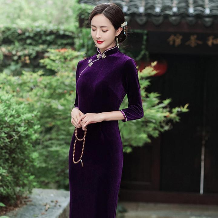 bellylady Women Cotton Velvet Cheongsam Dress Elegant Slim Fit Stand Collar Fashion Retro Solid Color Large Size Cheongsam