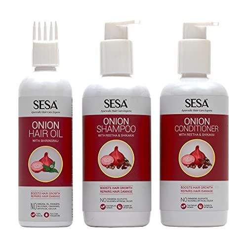 SESA Ultimate Onion Anti-Hair Fall Combo for Complete Hair Care| Onion Oil - 200ml + Onion Shampoo - 300ml + Onion Conditioner - 300 ml(FROM INDIA)NUZ