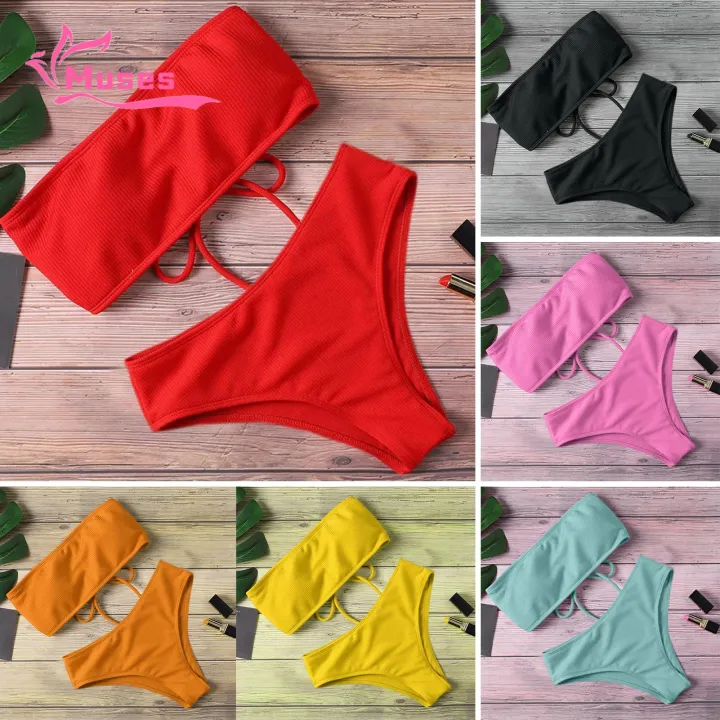 Muses Mall Bathing Suit Solid Color Bandeau Swimming Trunks Split Bikini Set