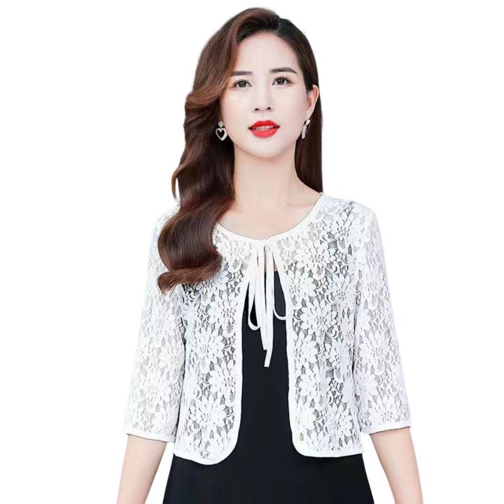 DESCENTE Lace Jacket Boho Floral Embroidered Lace-up Shawl Jacket for Women Stylish Sun Protection Coat with Hollow Out Design Perfect for Fall Spring Seasons Women Lace Jackets