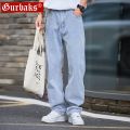 GURBAKS Jeans Men's Loose Straight Casual Light Blue Trendy Brand Wide Leg Retro Spring and Autumn Pants. 