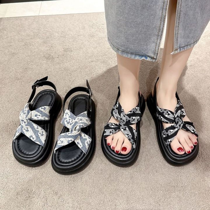 Large Size Women's Shoes Botton Width Fat Girl 35-43 Platform Roman Sandals 41 One-Suit Skirt Summer French Retro Beach Shoes 42