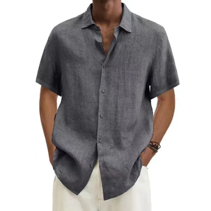 Yfashion%20Men%20Summer%20Large%20Size%20Cotton%20Linen%20T-shirt%20Trendy%20Solid%20Color%20V-neck%20Tops%20Lapel%20Short%20Sleeves%20Loose%20Casual%20Shirt%20color%20-%20Image%207