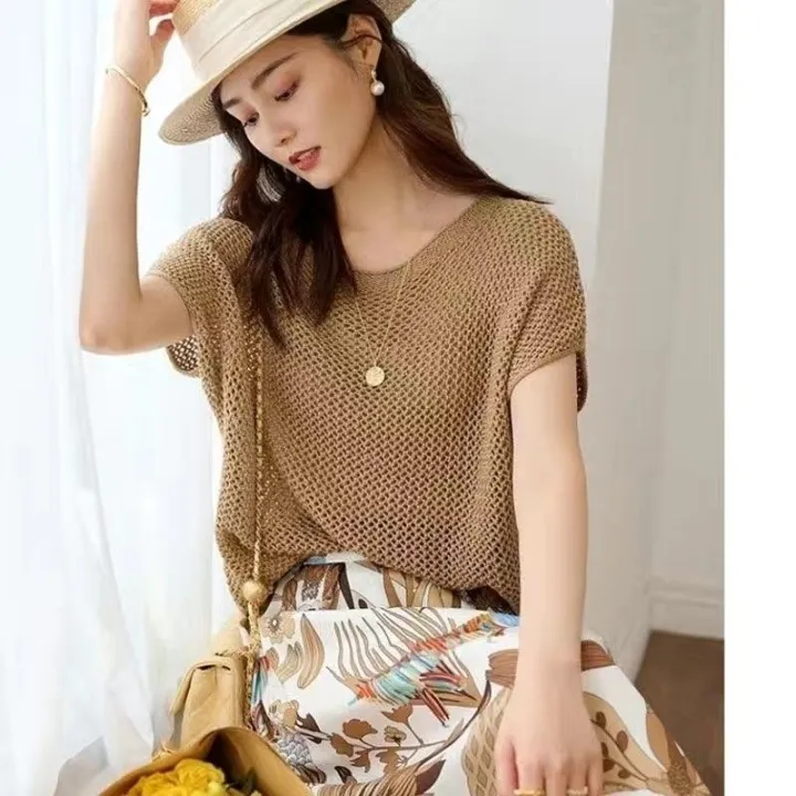 2024%20Summer%20New%20Ice%20Silk%20Sweater%20Loose-Fitting%20Batwing%20Sleeve%20Shirt%20Short%20Sleeve%20plus%20Size%20Women's%20Clothing%20Pullover%20Thin%20Shiny%20Top%20-%20Image%204