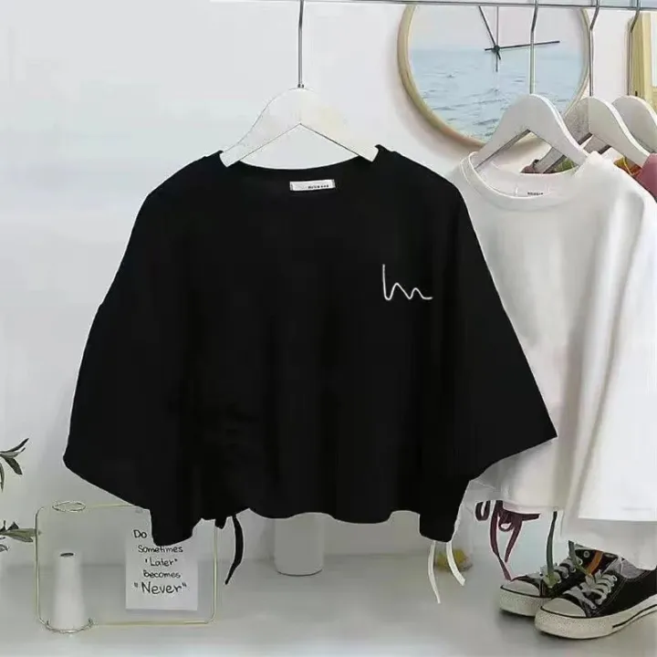 Black%20Niche%20Design%20Irregular%20Drawstring%20Short%20SleeveTT-shirt%20Women's%20Summer%20New%20Korean%20Style%20Loose%20Crop%20Top%20Fashion%20-%20Image%208