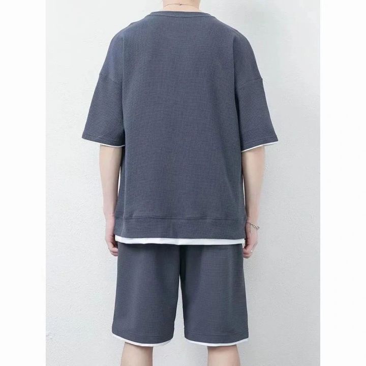 Waffle%20Summer%20Ice%20Silk%20Short%20Sleeve%20T%20T-shirt%20Suit%20Boys%20Breathable%20Knee%20Length%20Pants%20Casual%20Sports%20Trendy%20Simple%20-%20Image%207