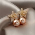 Pearl Gold Earings Jewelry Female Exquisite Crystal Flower Leaves Earrings. 