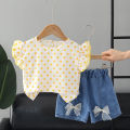 Yfashion 2pcs Summer Cotton Tops Suit For Girls Cotton Sweet Flying Sleeves Shirt Denim Shorts Set For Kids Aged 0-4. 
