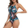 Summer Ladies One-piece Swimsuit, Adults Women Floral Leaves Printing/Solid Color Mesh Splicing Backless Swimwear. 