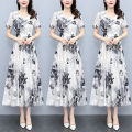 Yfashion Women Cotton Dress Summer V Neck Short Sleeve Waist Fit Pleated Loose Dress Floral Print Casual Long Dresses. 