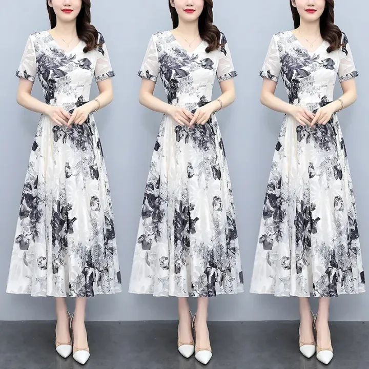 Yfashion%20Women%20Cotton%20Dress%20Summer%20V%20Neck%20Short%20Sleeve%20Waist%20Fit%20Pleated%20Loose%20Dress%20Floral%20Print%20Casual%20Long%20Dresses%20-%20Image%202