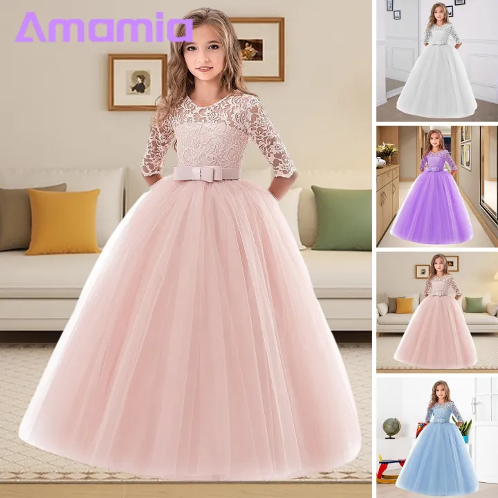 Girls Princess Dress Girls Floral Lace Princess Maxi Dress for Wedding Party Prom Kids Princess Prom Dress Daraz.lk