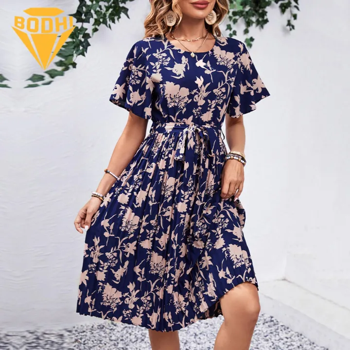 Soft Fabric Summer Dress Floral Print A-line Midi Dress with Lace-up Detail for Women Summer Fashion in Asia Summer Floral Print Dress